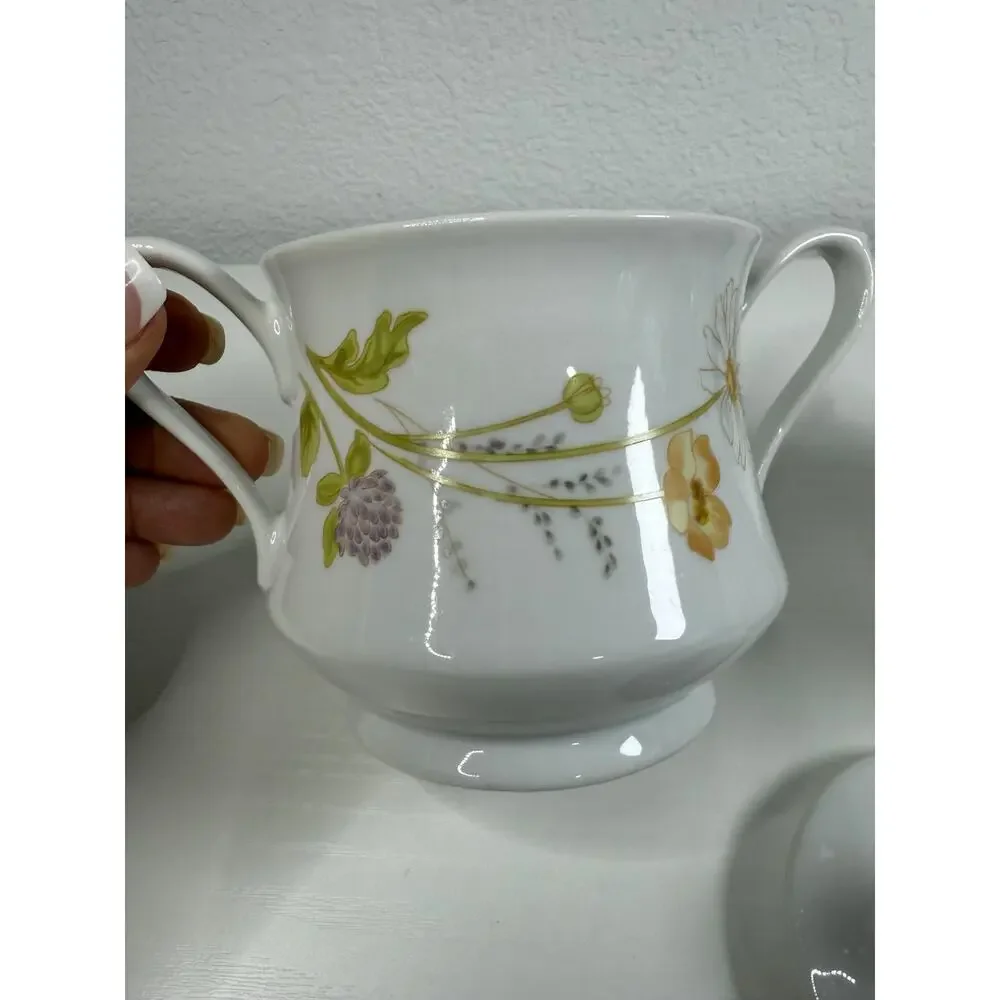 Vintage Mikasa Heather L5005 Fine China Sugar Bowl and Creamer Set, Gold Floral